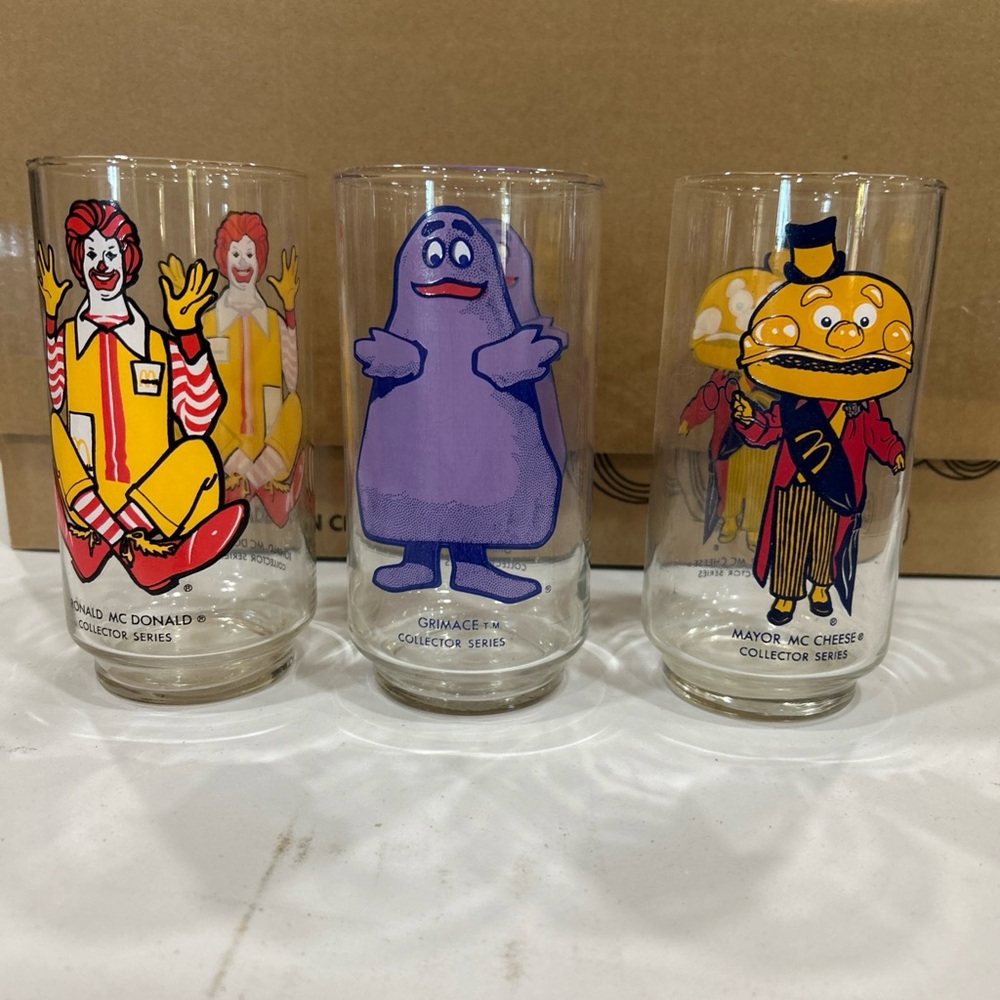 McDonald's collector glasses featuring Ronald, Grimace and Hamburgler. 1970’s